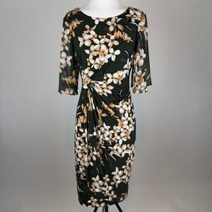 NWD Connected Apparel Green Side Pleat Floral Faux Wrap Sheath Dress Womens Sz 8